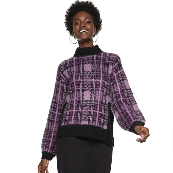 NWT NINE WEST PURPLE BLACK PLAID FUZZY MOCK NECK SWEATER SZ M - Picture 1 of 8